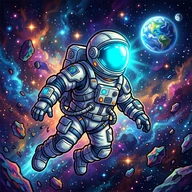 Original BackToEarth illustration of an astronaut drifting among colourful asteroids with Earth in the distance
