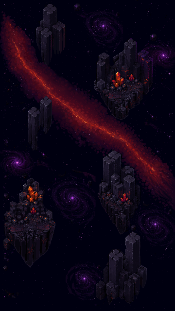 Pixel-art basalt islands with glowing red crystals drifting through space