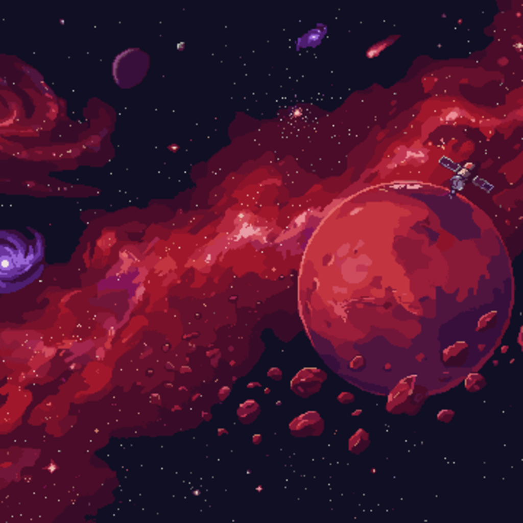 Pixel-art Mars surrounded by red nebulae, asteroids and a satellite